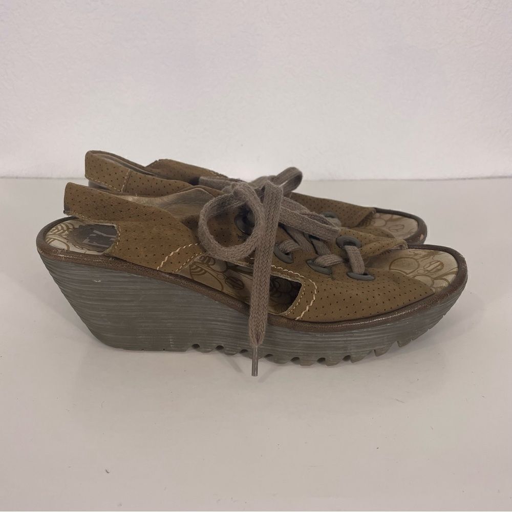 Fly London Brown Leather‎ Perforated Lace Up Wedge Sandals 9